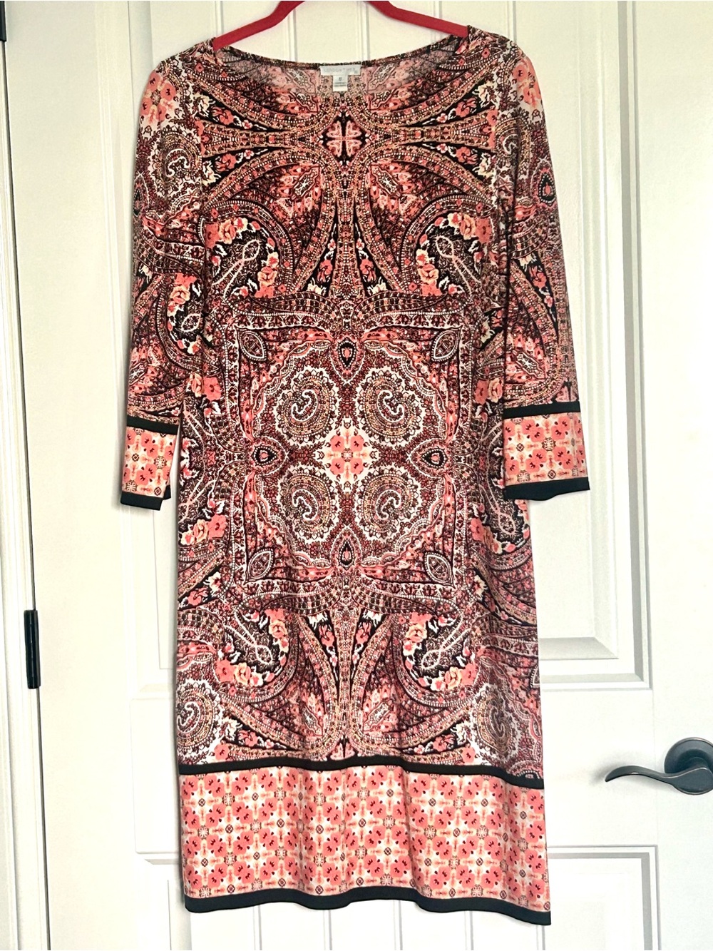 London Times Coral, Pink and Black Paisley Long-Sleeve Shift Dress